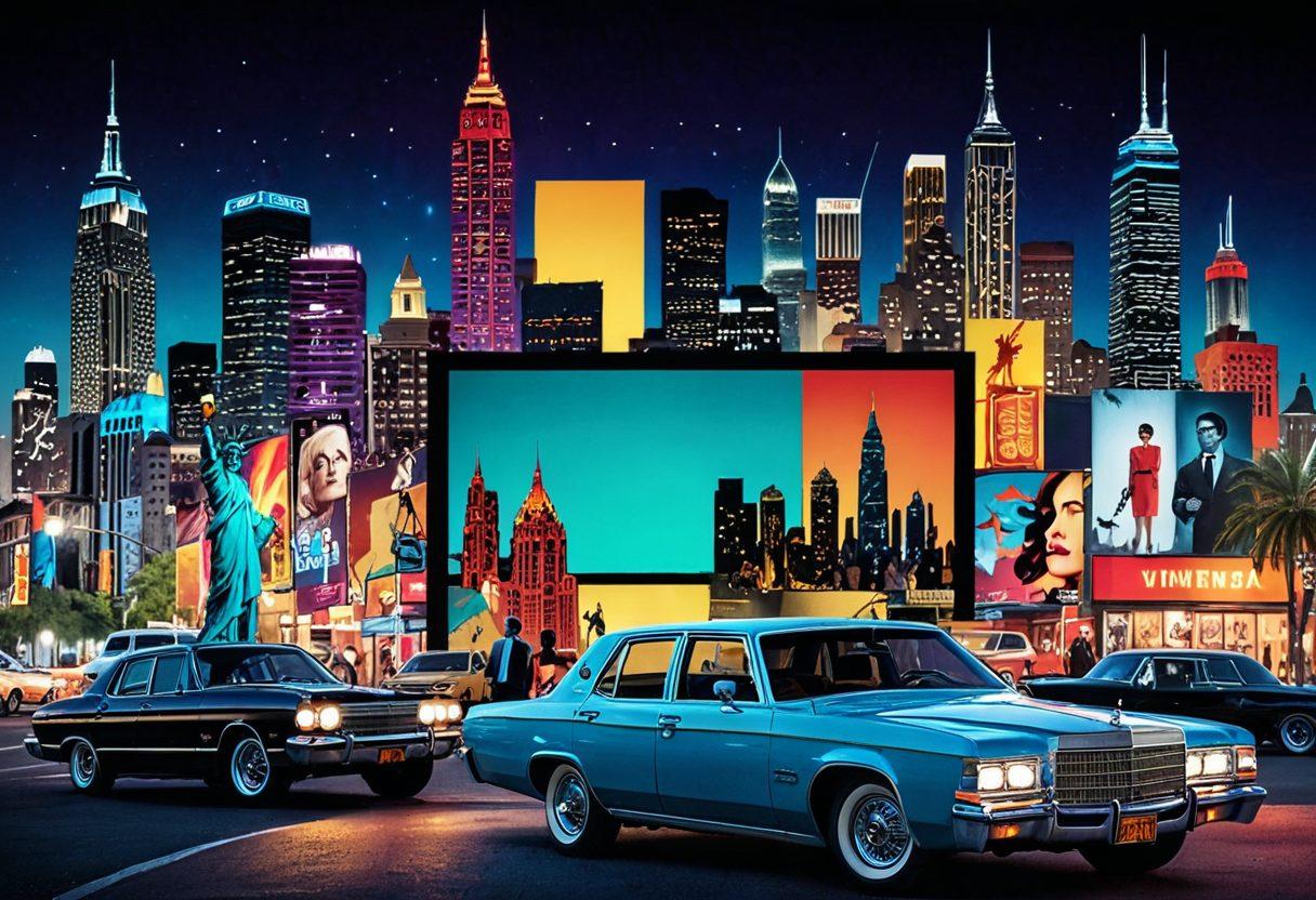 A visually striking collage of classic and contemporary adult cinema posters displayed in vibrant colors, featuring iconic film scenes blending in with reels of film and a film projector casting light. Incorporate a stylish city skyline in the background, hinting at nightlife and glamour. The overall atmosphere should be enticing yet sophisticated, inviting exploration and discovery. super-realistic. vibrant colors. cinematic style.