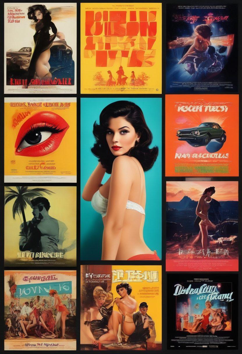 A visually appealing collage of iconic classic adult movie posters blended with modern digital artwork of new releases. Showcase a transition from vintage styles to contemporary aesthetics, featuring bold colors and stylish fonts. Include subtle hints of film reels and cinema elements to create a cinematic atmosphere. Portray a diverse representation of genres and themes within the adult entertainment industry. vibrant colors. retro and modern fusion. cinematic style.